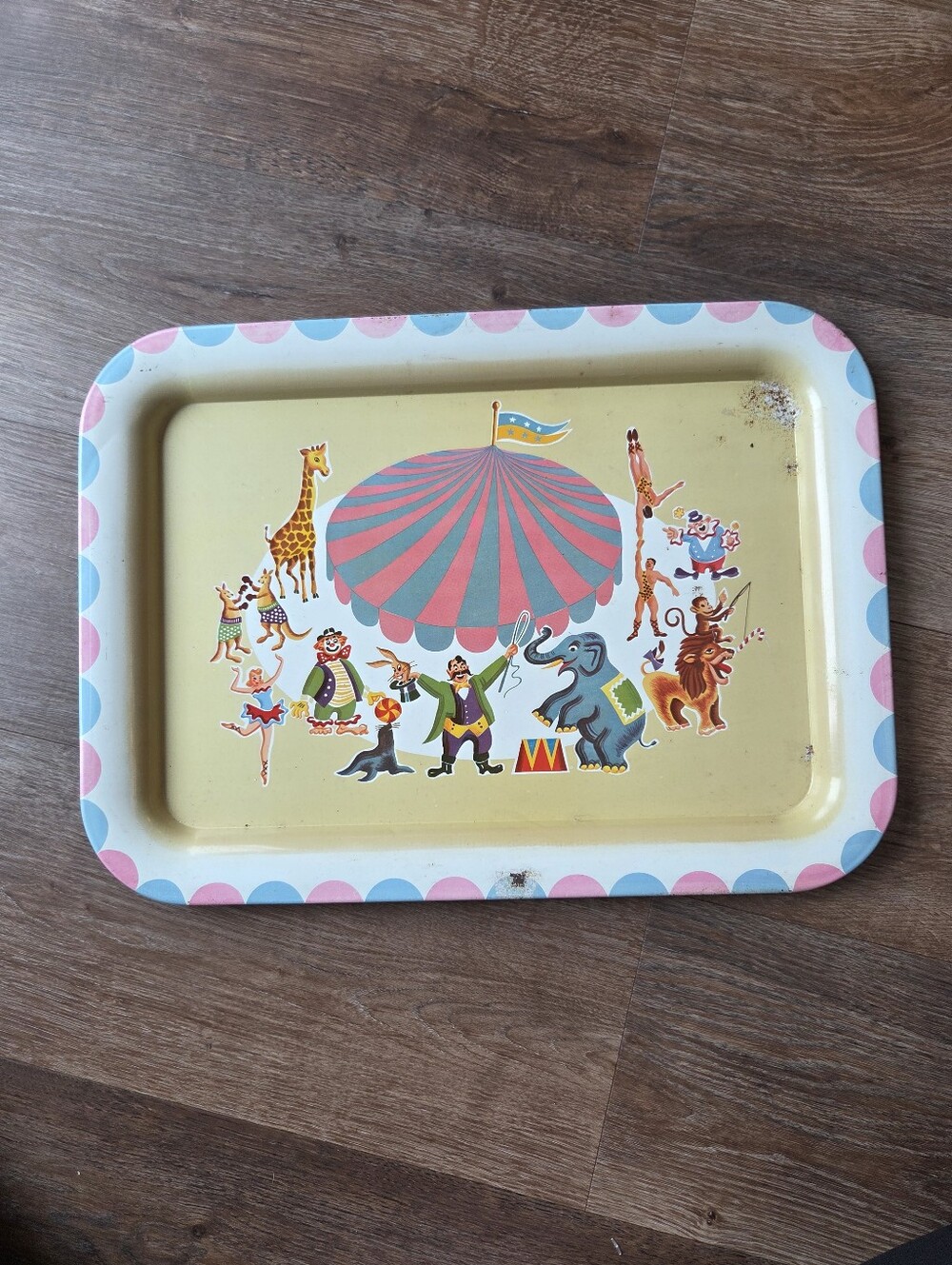 Vintage Mid Century Circus Metal Tin Tray Serving Platter Yellow Pink Blue